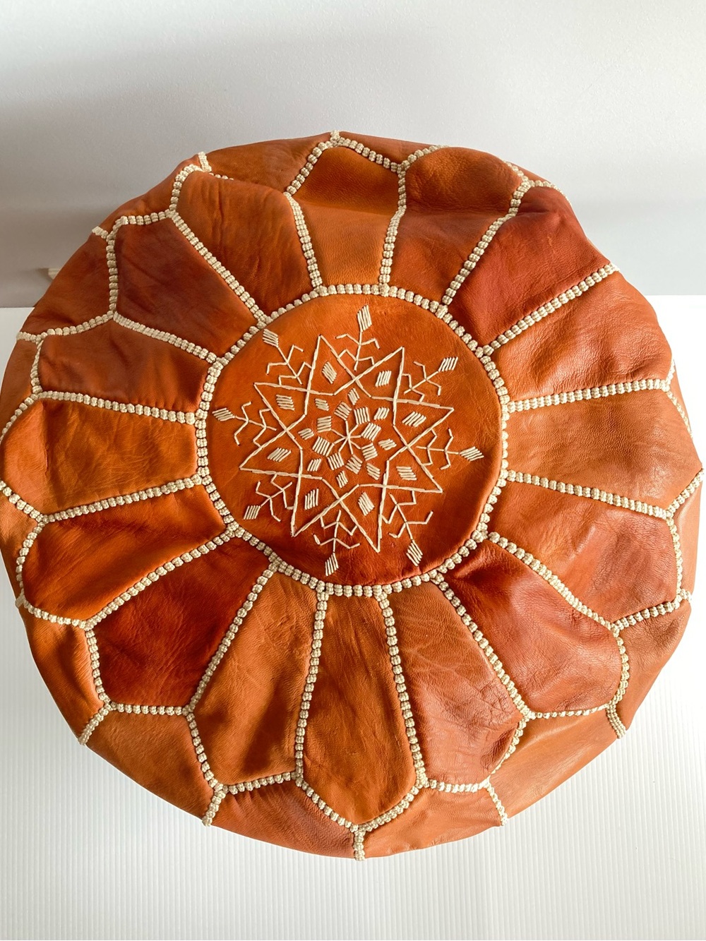 Handcrafted Moroccan Brown Leather Pouf Ottoman - Home Accents